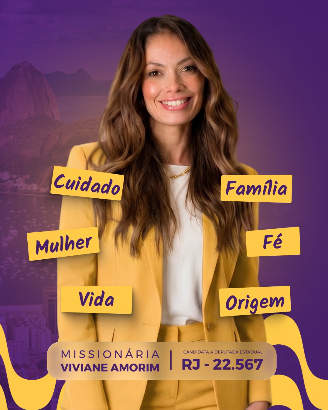 Viviane Amorim ao lado das palavras cuidado, família, mulher, fé, vida e origem